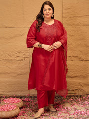 Plus Size Floral Yoke Design Straight Kurta With Trousers & Dupatta