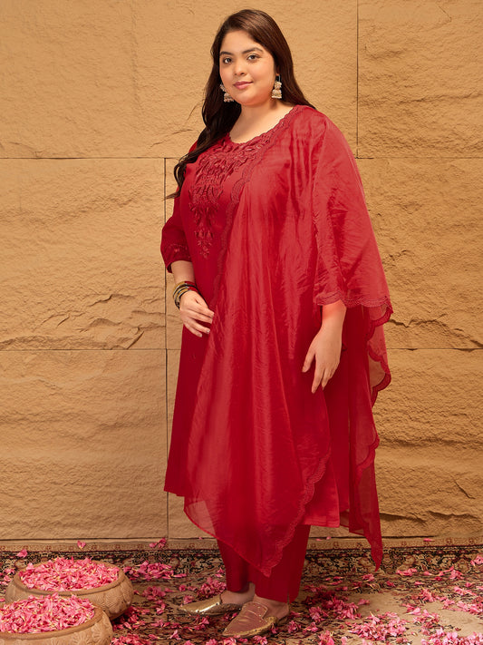 Plus Size Floral Yoke Design Straight Kurta With Trousers & Dupatta