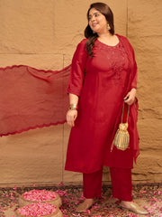 Plus Size Floral Yoke Design Straight Kurta With Trousers & Dupatta