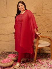 Plus Size Floral Yoke Design Straight Kurta With Trousers & Dupatta