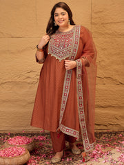 Plus Size Floral Yoke Design Sequinned Kurta With Trousers & Dupatta