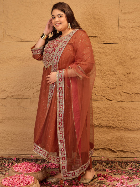 Plus Size Floral Yoke Design Sequinned Kurta With Trousers & Dupatta