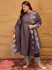 Floral Embroidered A-Line Kurta with Trousers & Dupatta