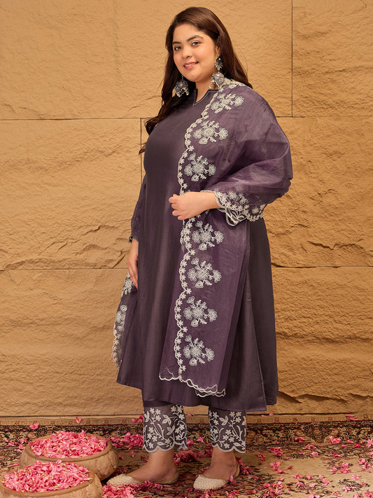 Floral Embroidered A-Line Kurta with Trousers & Dupatta