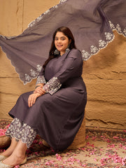 Floral Embroidered A-Line Kurta with Trousers & Dupatta