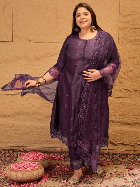 Floral Embroidered A-Line Kurta with Trousers & Dupatta