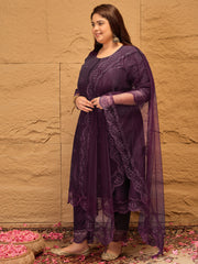 Floral Embroidered A-Line Kurta with Trousers & Dupatta