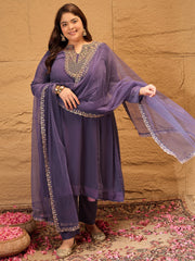 Floral Embroidered Georgette Anarkali Kurta with Trousers & Dupatta