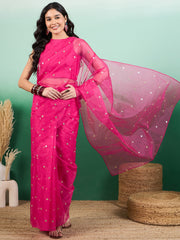 Magenta Embroidered Saree With Blouse Piece