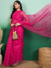 Magenta Embroidered Saree With Blouse Piece