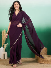 Purple Embroidered Border Saree With Blouse Piece