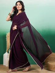 Purple Embroidered Border Saree With Blouse Piece