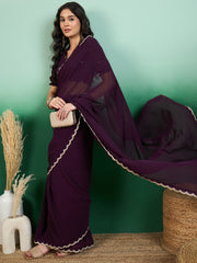 Purple Embroidered Border Saree With Blouse Piece