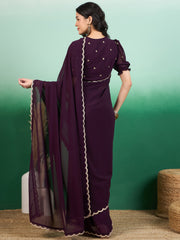 Purple Embroidered Border Saree With Blouse Piece