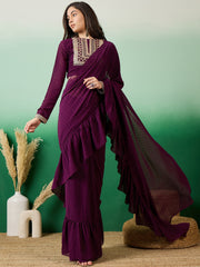 Purple Polka Dot Embroidered Ruffle Sarees