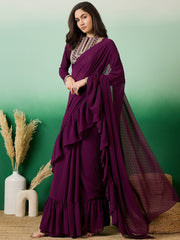 Purple Polka Dot Embroidered Ruffle Sarees