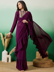 Purple Polka Dot Embroidered Ruffle Sarees