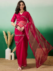 Magenta Embroidered Floral Organza Saree