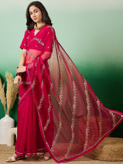 Magenta Embroidered Floral Organza Saree