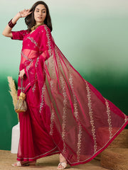 Magenta Embroidered Floral Organza Saree