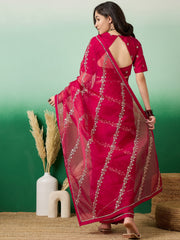 Magenta Embroidered Floral Organza Saree