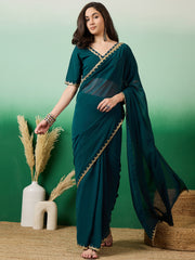 Teal Solid Embroidered Bordered Poly Georgette Sarees