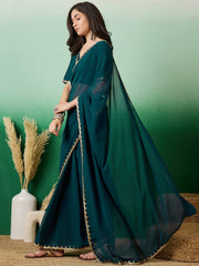 Teal Solid Embroidered Bordered Poly Georgette Sarees