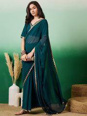 Teal Solid Embroidered Bordered Poly Georgette Sarees