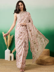 Floral Printed & Embellished Saree With Blouse Piece