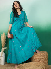 Embroidered Organza Maxi Ethnic Dresses