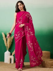 Magenta Embroidered Saree With Blouse Piece