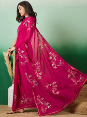 Magenta Embroidered Saree With Blouse Piece