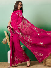 Magenta Embroidered Saree With Blouse Piece