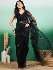 Floral Thread & Sequinned Embroidered Net Saree