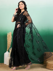 Floral Thread & Sequinned Embroidered Net Saree