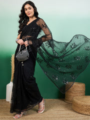 Floral Thread & Sequinned Embroidered Net Saree