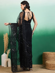 Floral Thread & Sequinned Embroidered Net Saree