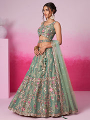 Sea green Bridel Net Moti, Sequins embroidery Semi-Stitched Bridel Lehenga choli and Dupatta