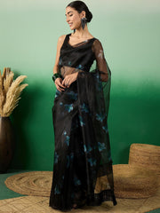 Black Women Floral Digital Printed Saree With Blouse Piece