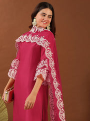 Magenta Thread Work Round Neck Straight Kurta with Trousers & With Dupatta