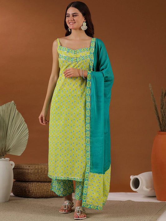 Green Floral Printed Regular Gotta Patti Kurta with Palazzos & Dupatta