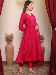 Magenta Yoke Designed Anarkali Kurta With Trouser & Dupatta Set