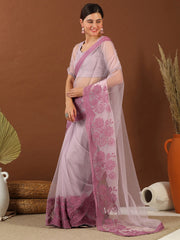 Lavender Floral Embroidered Net Saree