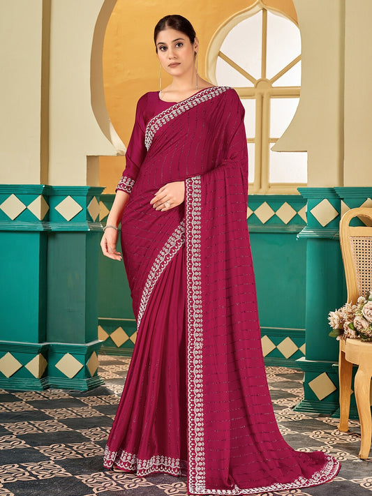 Magenta Embellished Beads and Stones Satin Saree