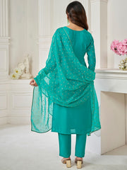 Women Green Ethnic Motifs Embroidered Regular Thread Work Chanderi Cotton Kurta with Trousers & With Dupatta