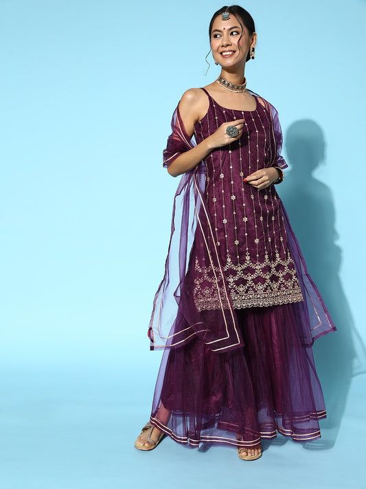 Women Mauve Ethnic Motifs Net Ethereal Embroidery Kurta Set