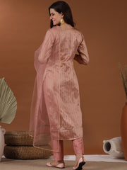 Pink Ethnic Motifs Woven Design Notched Neck Thread Work Kurta with Trousers & Dupatta