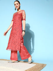 Women Pink Floral Net Ethereal Embroidery Kurta Set