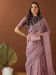 Pink And Lavender Floral Printed Zari Organza Saree