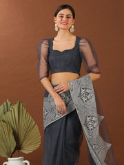 Grey Embroidered Net Saree